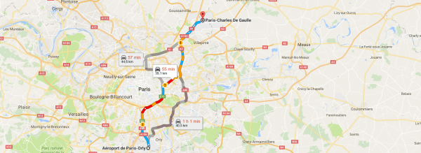 Distance entre Paris Orly et Charles de Gaulle