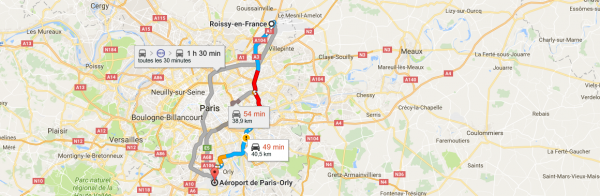 Distance entre l'Aeroport Orly et Charles-de-Gaulle